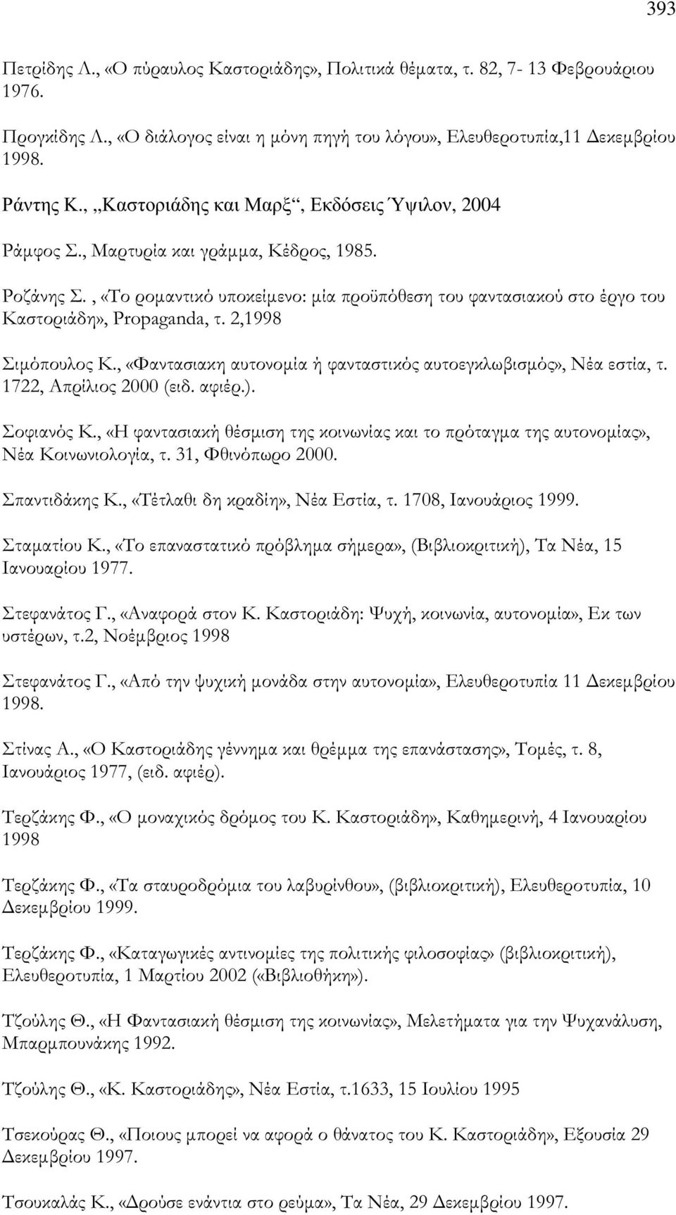 2,1998 Σιµόπουλος Κ., «Φαντασιακη αυτονοµία ή φανταστικός αυτοεγκλωβισµός», Νέα εστία, τ. 1722, Απρίλιος 2000 (ειδ. αφιέρ.). Σοφιανός Κ.