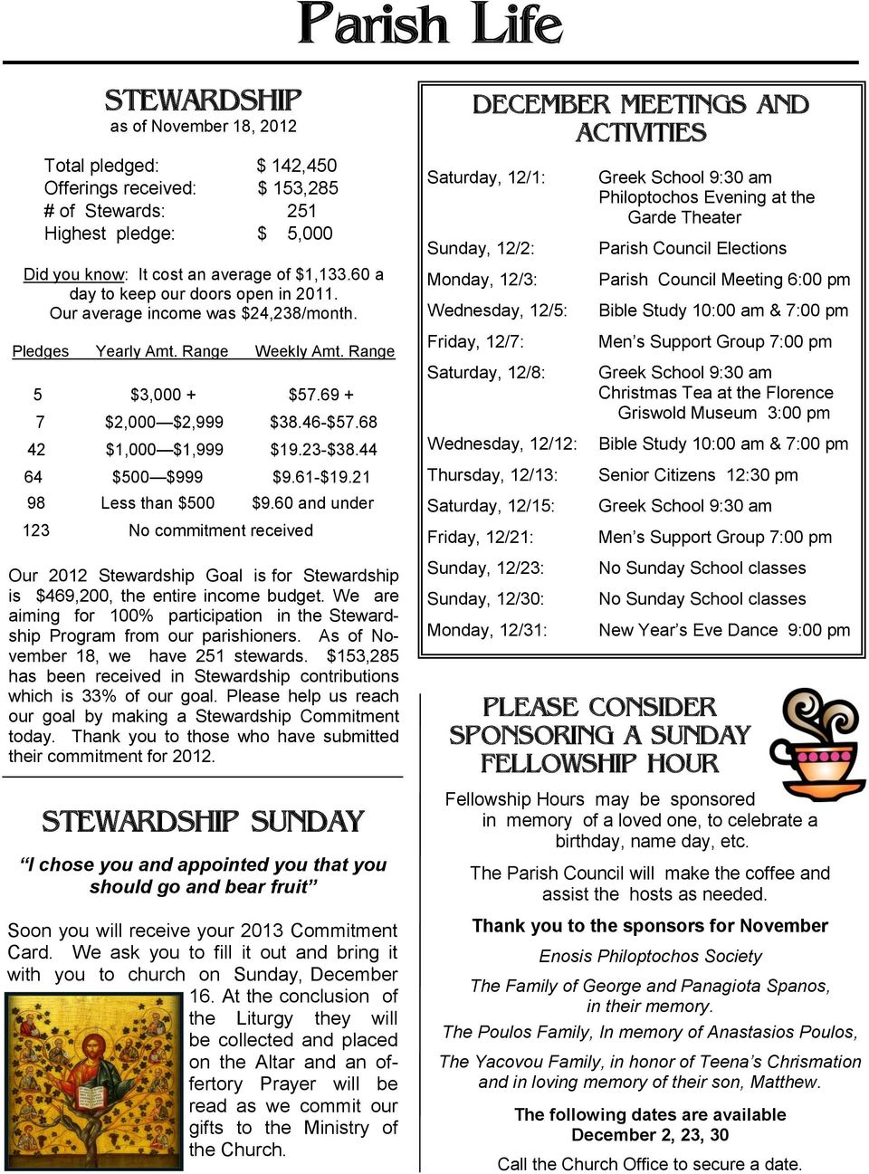 23-$38.44 64 $500 $999 $9.61-$19.21 98 Less than $500 $9.60 and under 123 No commitment received Our 2012 Stewardship Goal is for Stewardship is $469,200, the entire income budget.