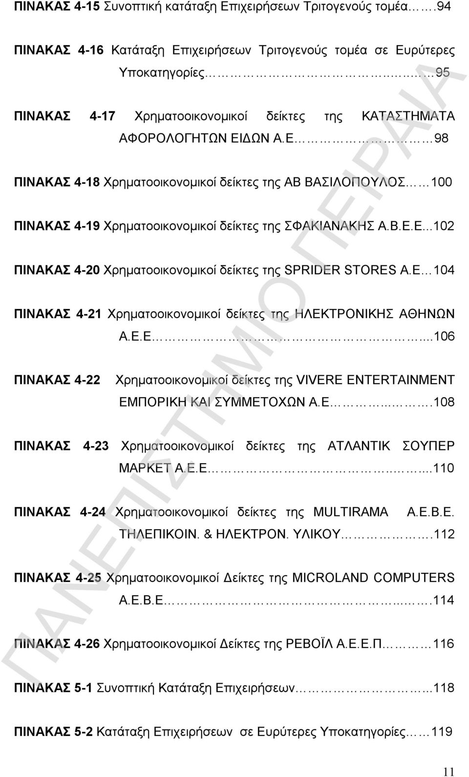 Ε 98 ΠΙΝΑΚΑΣ 4-18 Χρηματοοικονομικοί δείκτες της ΑΒ ΒΑΣΙΛΟΠΟΥΛΟΣ 100 ΠΙΝΑΚΑΣ 4-19 Χρηματοοικονομικοί δείκτες της ΣΦΑΚΙΑΝΑΚΗΣ Α.Β.Ε.Ε...102 ΠΙΝΑΚΑΣ 4-20 Χρηματοοικονομικοί δείκτες της SPRIDER STORES Α.