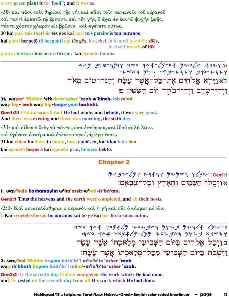 30 kai pasi tois th riois t s g s kai pasi tois peteinois tou ouranou kai panti herpetÿ tÿ herponti epi t s g s, ho echei en heautÿ psych n z s, in itself breath of life panta chorton chl ron eis br