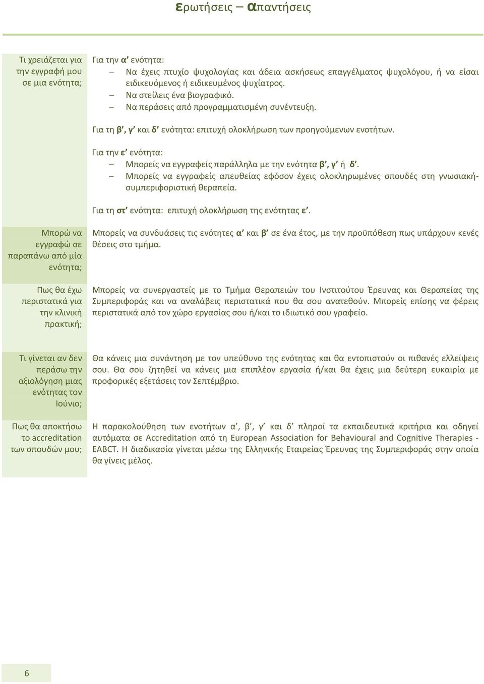 Για την ε ενότητα: Μπορείς να εγγραφείς παράλληλα με την ενότητα β, γ ή δ. Μπορείς να εγγραφείς απευθείας εφόσον έχεις ολοκληρωμένες σπουδές στη γνωσιακήσυμπεριφοριστική θεραπεία.