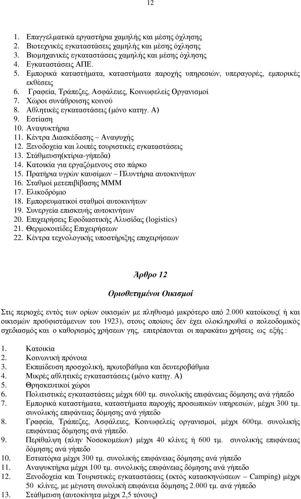 Αθλητικές εγκαταστάσεις (μόνο κατηγ. Α) 9. Εστίαση 10. Αναψυκτήρια 11. Κέντρα Διασκέδασης Αναψυχής 12. Ξενοδοχεία και λοιπές τουριστικές εγκαταστάσεις 13. Στάθμευση(κτίρια-γήπεδα) 14.