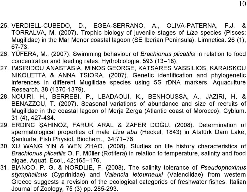 Swimming behaviour of Brachionus plicatilis in relation to food concentration and feeding rates. Hydrobiologia. 593 (13 18). 27.