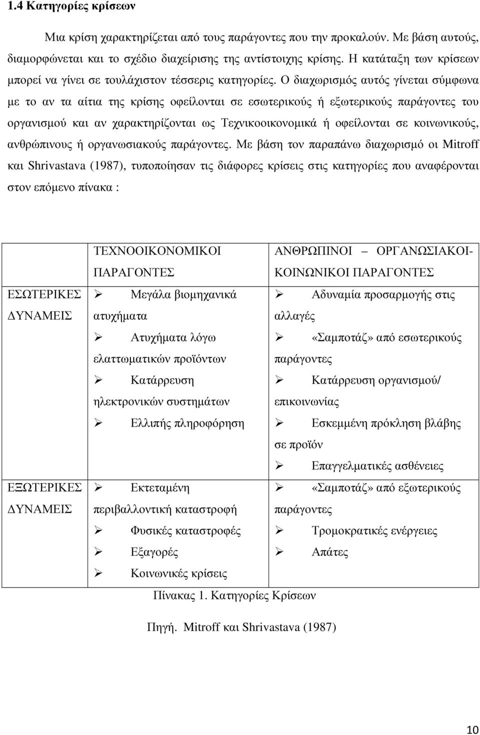 Ο διαχωρισµός αυτός γίνεται σύµφωνα µε το αν τα αίτια της κρίσης οφείλονται σε εσωτερικούς ή εξωτερικούς παράγοντες του οργανισµού και αν χαρακτηρίζονται ως Τεχνικοοικονοµικά ή οφείλονται σε