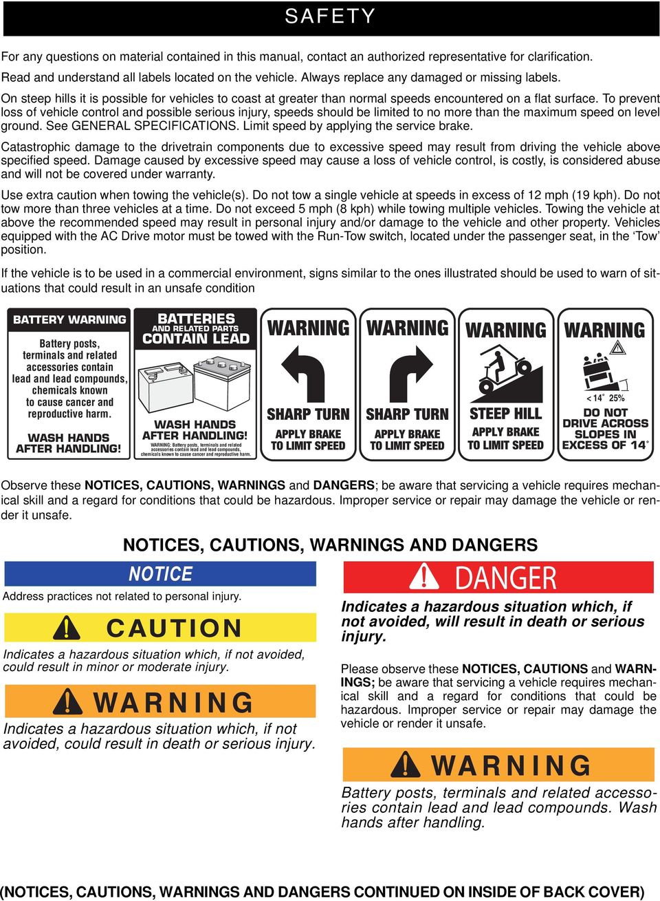 To prevent loss of vehicle control and possible serious injury, speeds should be limited to no more than the maximum speed on level ground. See GENERAL SPECIFICATIONS.