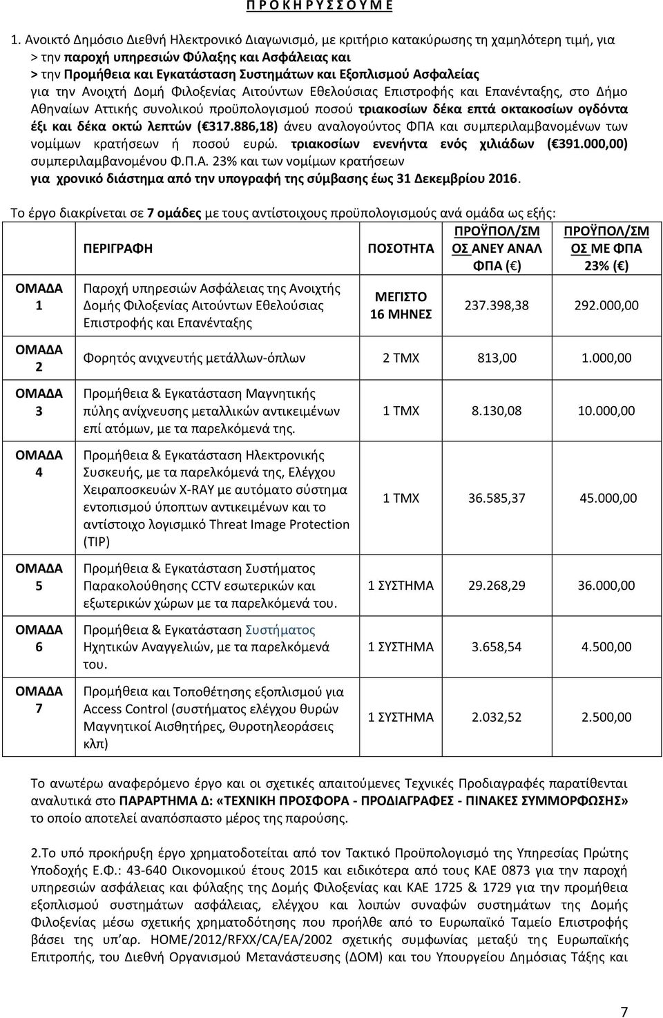 Εξοπλισμού Ασφαλείας για την Ανοιχτή Δομή Φιλοξενίας Αιτούντων Εθελούσιας Επιστροφής και Επανένταξης, στο Δήμο Αθηναίων Αττικής συνολικού προϋπολογισμού ποσού τριακοσίων δέκα επτά οκτακοσίων ογδόντα