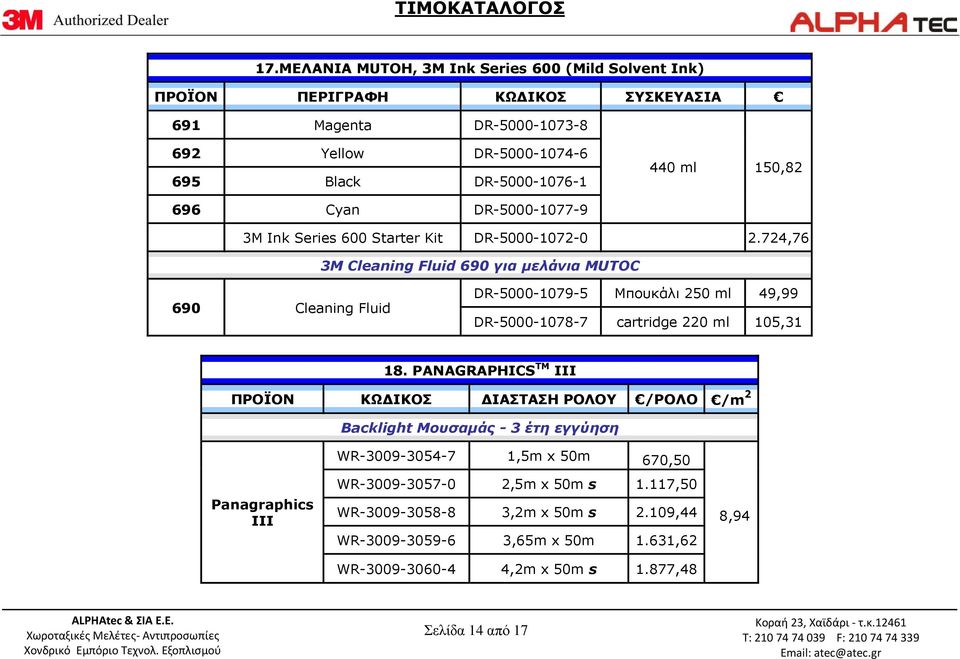 724,76 3M Cleaning Fluid 690 για μελάνια MUTOC 690 Cleaning Fluid DR-5000-1079-5 Μπουκάλι 250 ml 49,99 DR-5000-1078-7 cartridge 220 ml 105,31 18.