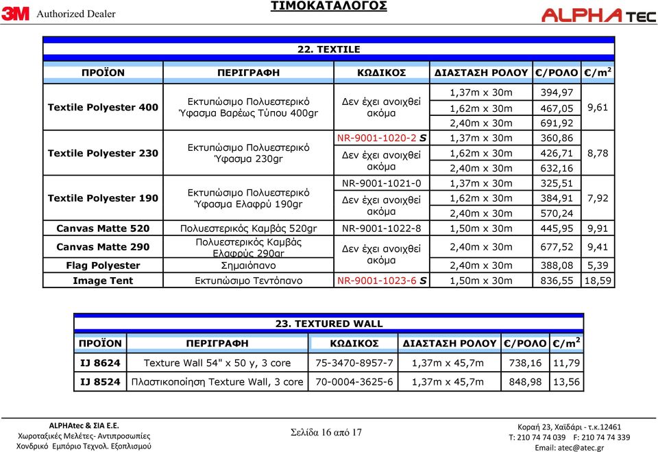 ανοιχθεί ακόμα 1,62m x 30m 426,71 2,40m x 30m 632,16 NR-9001-1021-0 1,37m x 30m 325,51 εν έχει ανοιχθεί ακόμα 1,62m x 30m 384,91 2,40m x 30m 570,24 Canvas Matte 520 Πολυεστερικός Καμβάς 520gr