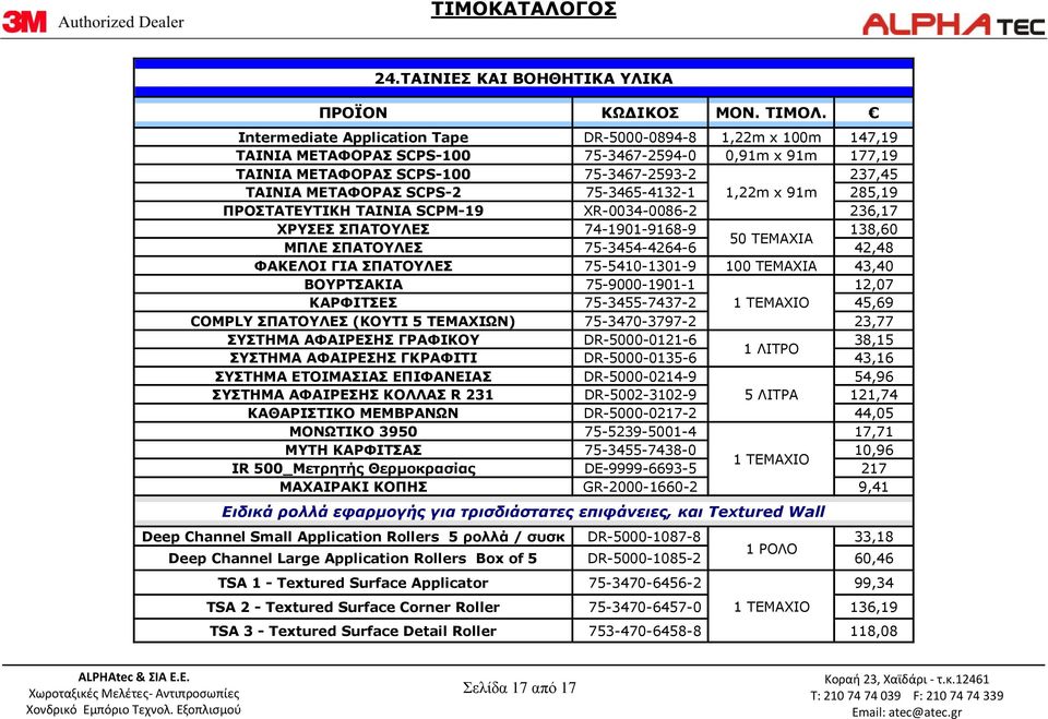 75-3465-4132-1 1,22m x 91m 285,19 ΠΡΟΣΤΑΤΕΥΤΙΚΗ ΤΑΙΝΙΑ SCPM-19 XR-0034-0086-2 236,17 ΧΡΥΣΕΣ ΣΠΑΤΟΥΛΕΣ 74-1901-9168-9 138,60 50 TEMAXIA ΜΠΛΕ ΣΠΑΤΟΥΛΕΣ 75-3454-4264-6 42,48 ΦΑΚΕΛΟΙ ΓΙΑ ΣΠΑΤΟΥΛΕΣ