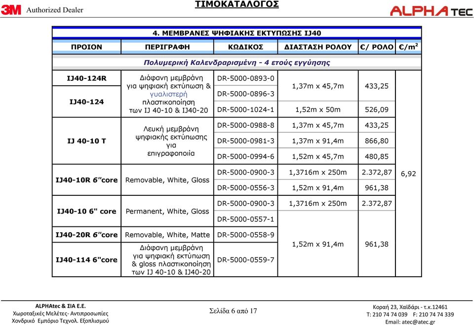 DR-5000-0988-8 1,37m x 45,7m 433,25 DR-5000-0981-3 1,37m x 91,4m 866,80 DR-5000-0994-6 1,52m x 45,7m 480,85 IJ40-10R 6"core Removable, White, Gloss DR-5000-0900-3 1,3716m x 250m 2.