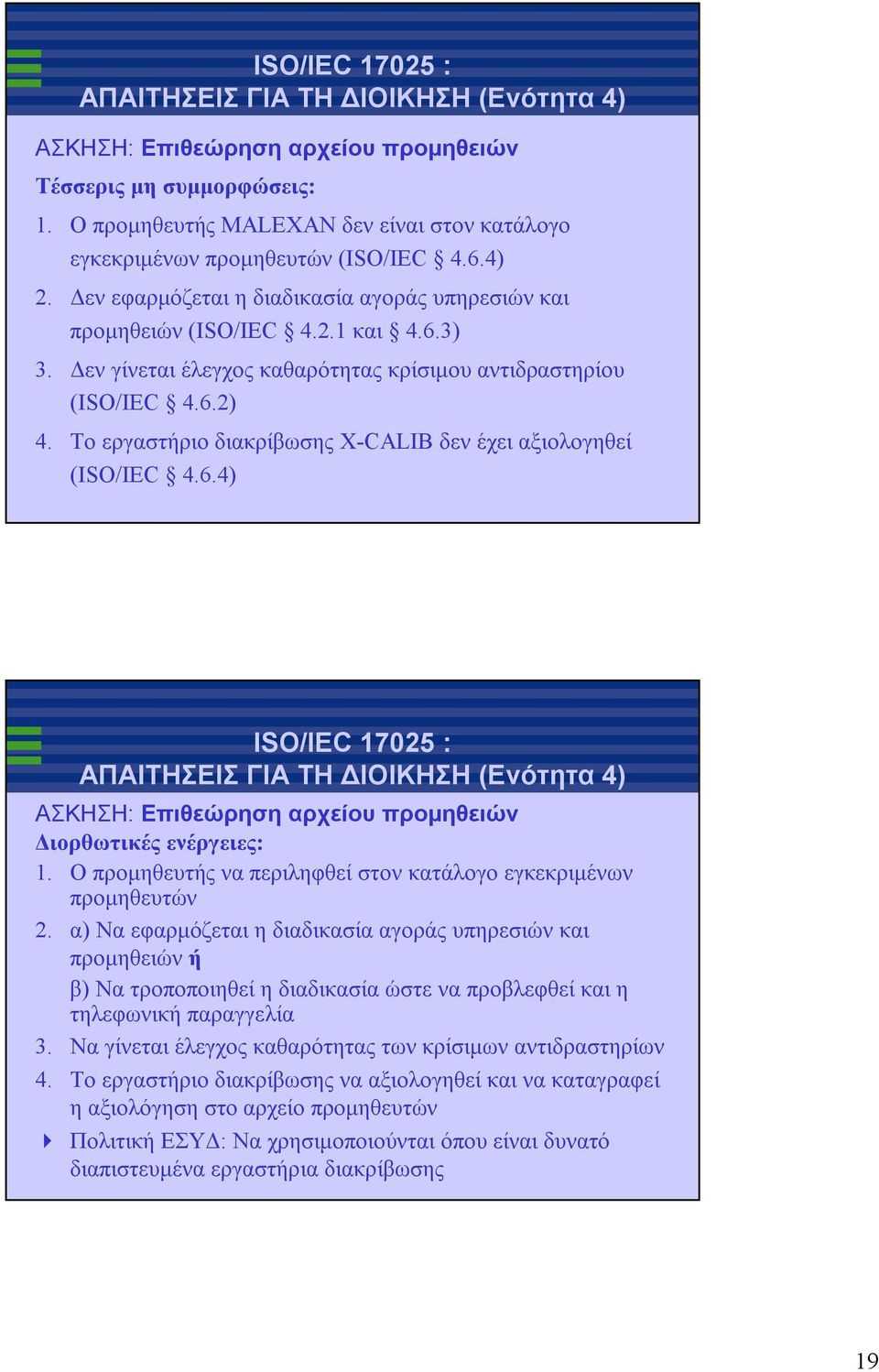 Το εργαστήριο διακρίβωσης X-CALIB δεν έχει αξιολογηθεί (ISO/IEC 4.6.4) ΑΣΚΗΣΗ: Επιθεώρηση αρχείου προμηθειών Διορθωτικές ενέργειες: 1.