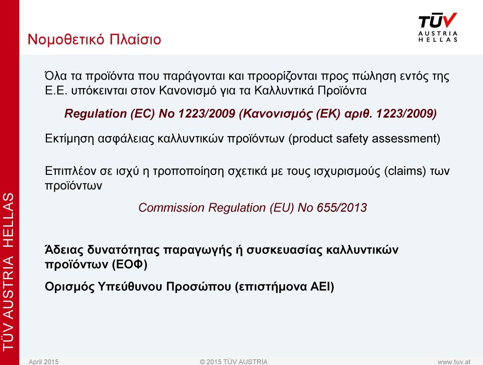 1223/2009) Εκτίμηση ασφάλειας καλλυντικών προϊόντων (product safety assessment) Επιπλέον σε ισχύ η τροποποίηση σχετικά με τους