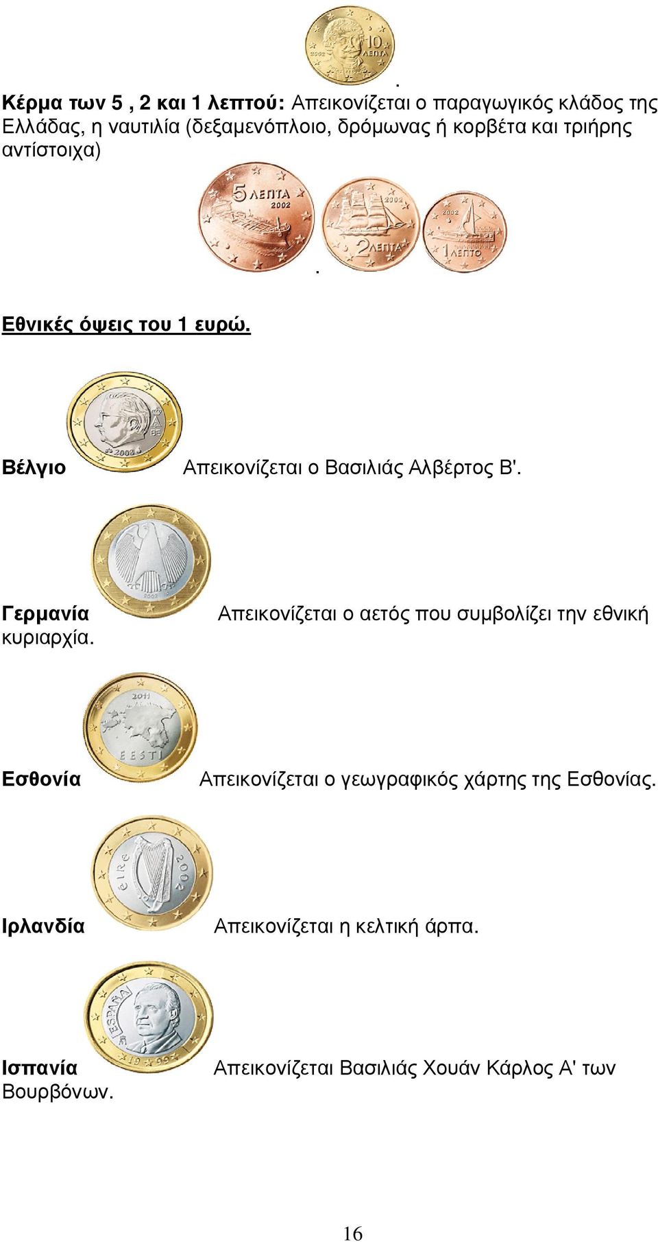 Βέλγιο Απεικονίζεται ο Βασιλιάς Αλβέρτος Β'. Γερµανία Απεικονίζεται ο αετός που συµβολίζει την εθνική κυριαρχία.