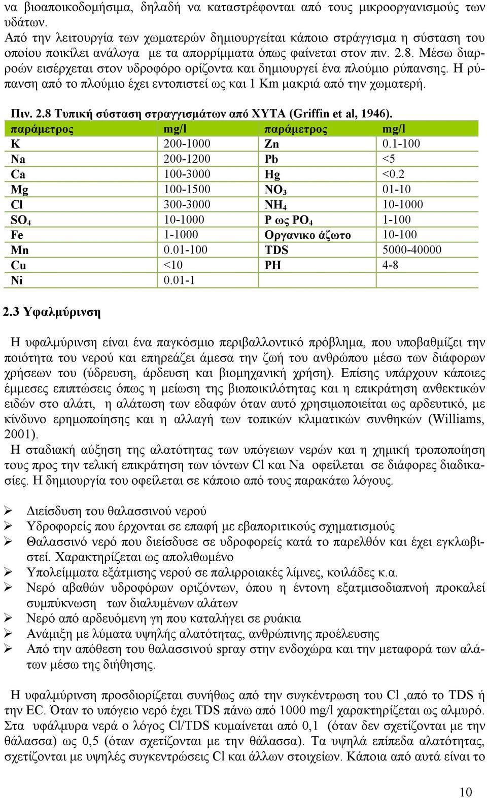 Μέσω διαρροών εισέρχεται στον υδροφόρο ορίζοντα και δημιουργεί ένα πλούμιο ρύπανσης. Η ρύπανση από το πλούμιο έχει εντοπιστεί ως και 1 Km μακριά από την χωματερή. Πιν. 2.