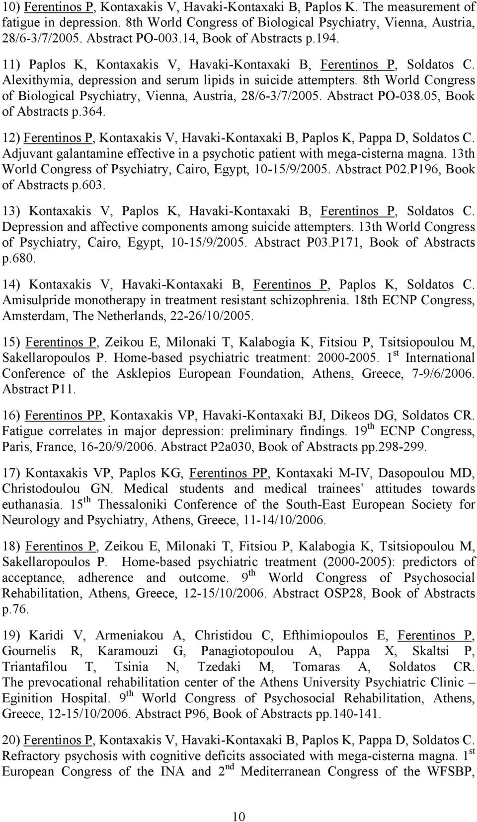 8th World Congress οf Biological Psychiatry, Vienna, Austria, 28/6-3/7/2005. Abstract PO-038.05, Book of Abstracts p.364.