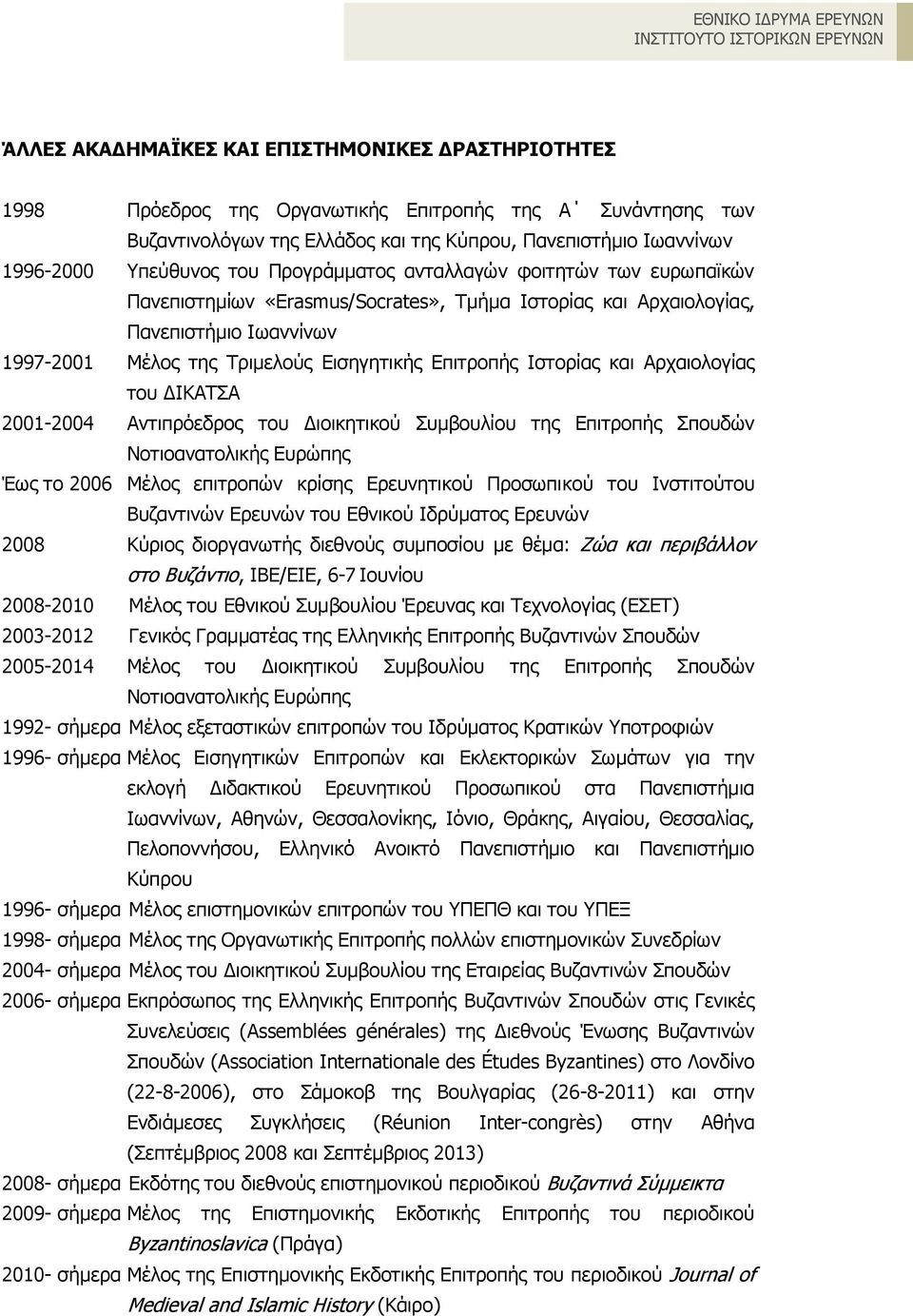 Iστορίας και Aρχαιολογίας του ΔIKATΣA 2001-2004 Αντιπρόεδρος του Διοικητικού Συμβουλίου της Επιτροπής Σπουδών Νοτιοανατολικής Ευρώπης Έως το 2006 Μέλος επιτροπών κρίσης Ερευνητικού Προσωπικού του