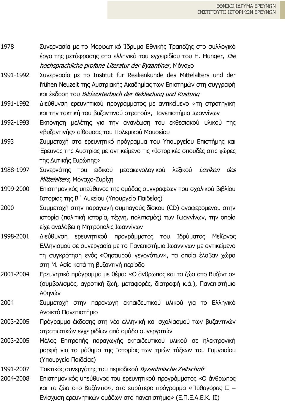 Eπιστημών στη συγγραφή και έκδοση του Bildwörterbuch der Bekleidung und Rüstung 1991-1992 Διεύθυνση ερευνητικού προγράμματος με αντικείμενο «τη στρατηγική και την τακτική του βυζαντινού στρατού»,