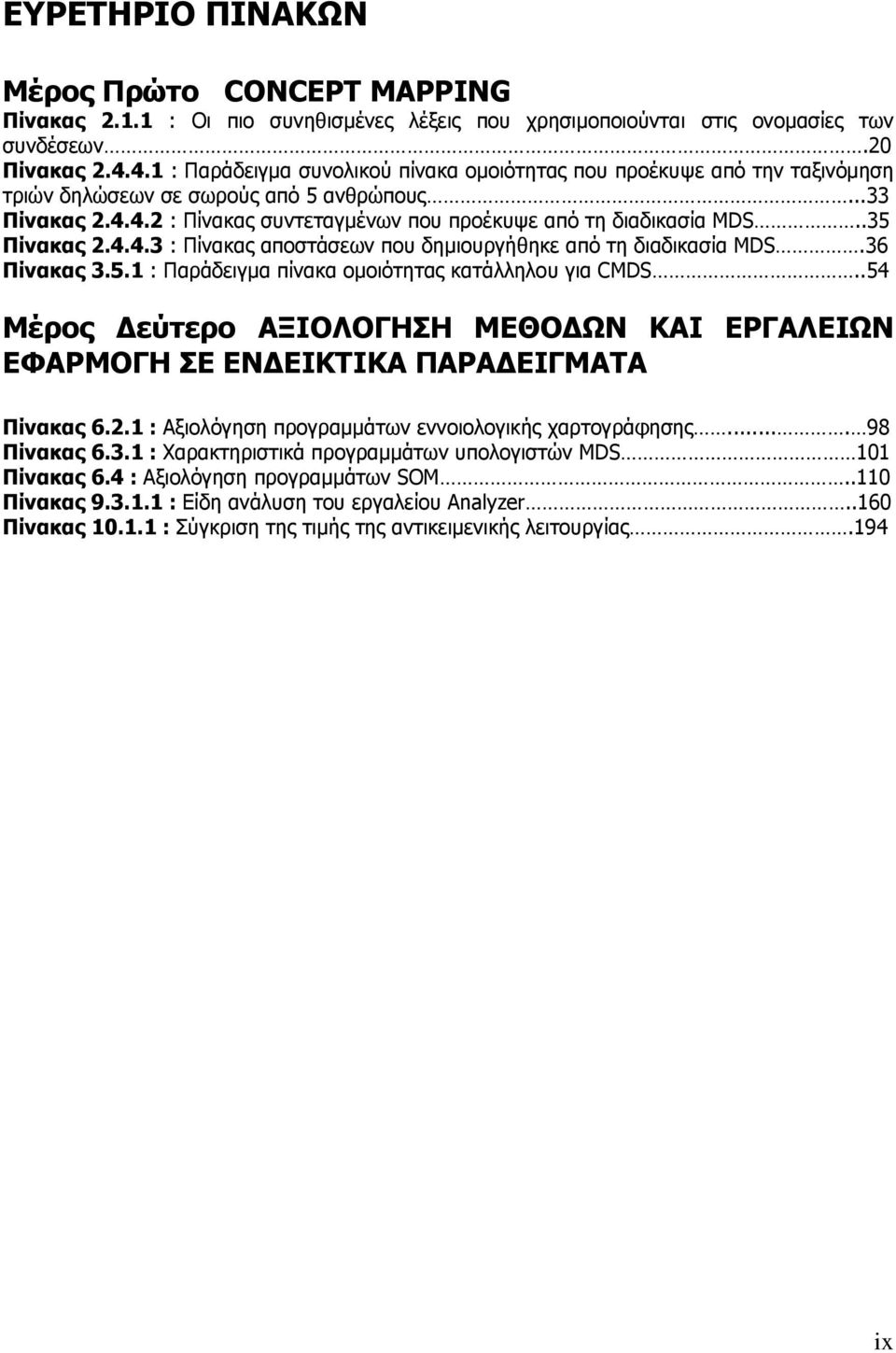 .35 Πίνακας 2.4.4.3 : Πίνακας αποστάσεων που δημιουργήθηκε από τη διαδικασία MDS.36 Πίνακας 3.5.1 : Παράδειγμα πίνακα ομοιότητας κατάλληλου για CMDS..54 Μέρος Δεύτερο Πίνακας 6.2.1 : Αξιολόγηση προγραμμάτων εννοιολογικής χαρτογράφησης.