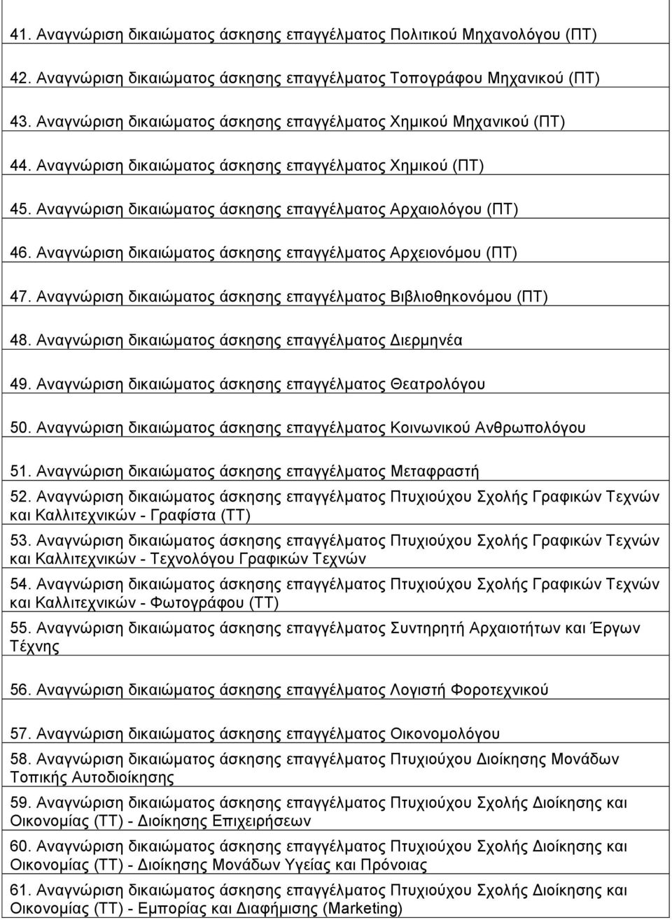 Αναγνώριση δικαιώµατος άσκησης επαγγέλµατος Αρχειονόµου (ΠΤ) 47. Αναγνώριση δικαιώµατος άσκησης επαγγέλµατος Βιβλιοθηκονόµου (ΠΤ) 48. Αναγνώριση δικαιώµατος άσκησης επαγγέλµατος ιερµηνέα 49.