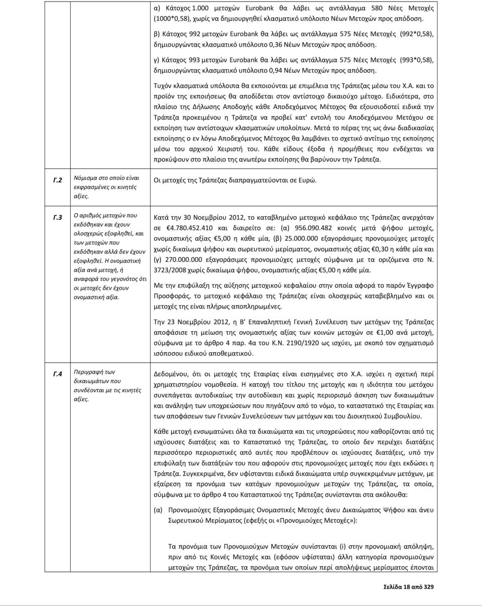 γ) Κάτοχος 993 μετοχών Eurobank θα λάβει ως αντάλλαγμα 575 Νέες Μετοχές (993*0,58), δημιουργώντας κλασματικό υπόλοιπο 0,94 Νέων Μετοχών προς απόδοση.