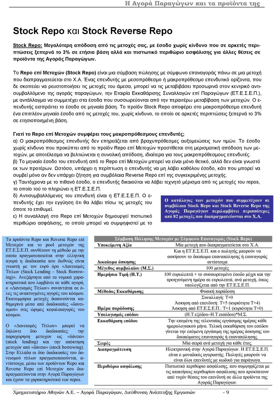 οράς Παραγώγων. Tο Repo επί Μετοχών (Stock Repo) είναι µια σύµβαση πώλησης µε σύµφωνο επαναγοράς πάνω σε µια µετοχή που διαπραγµατεύεται στο Χ.Α.