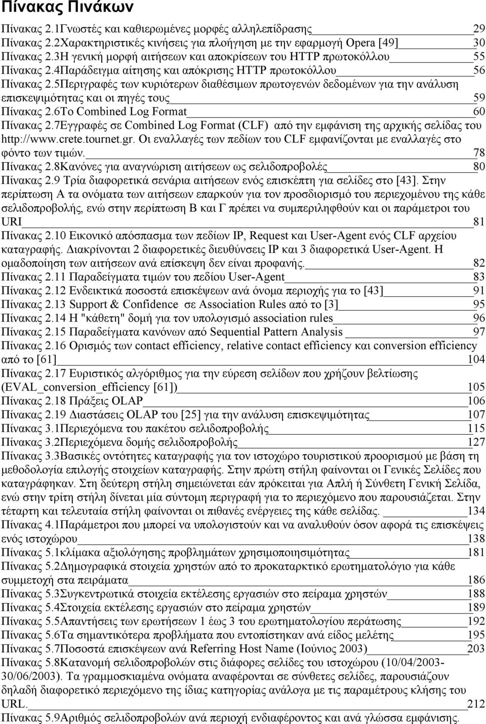 5Περιγραφές των κυριότερων διαθέσιμων πρωτογενών δεδομένων για την ανάλυση επισκεψιμότητας και οι πηγές τους 59 Πίνακας 2.6To Combined Log Format 60 Πίνακας 2.