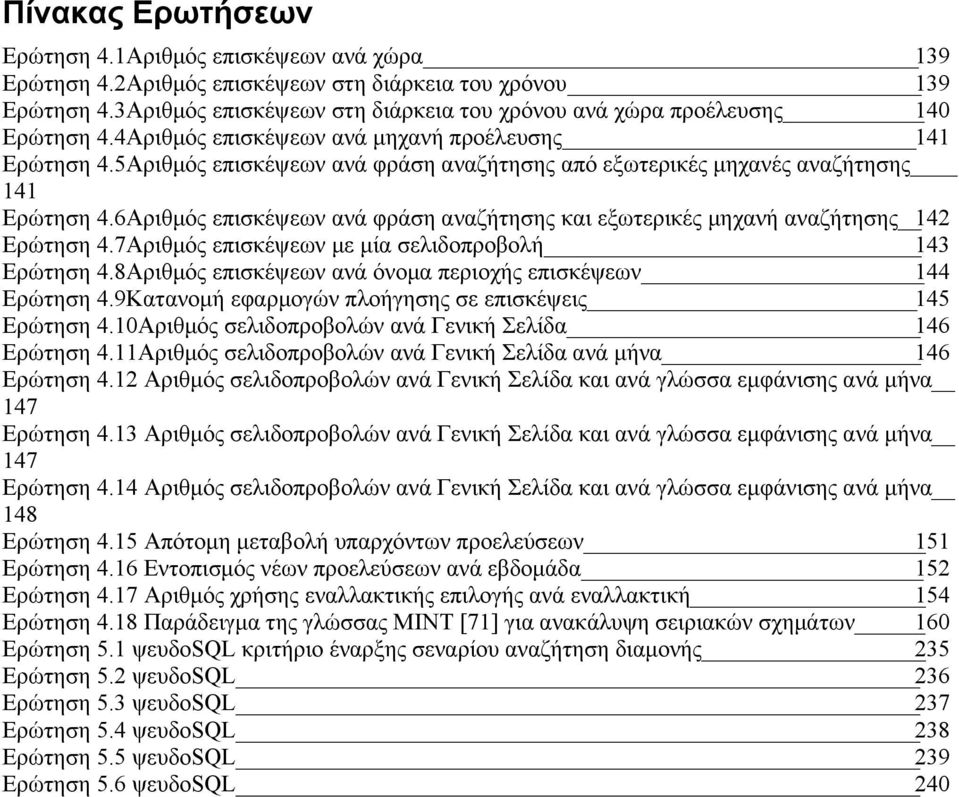 5Αριθμός επισκέψεων ανά φράση αναζήτησης από εξωτερικές μηχανές αναζήτησης 141 Ερώτηση 4.6Αριθμός επισκέψεων ανά φράση αναζήτησης και εξωτερικές μηχανή αναζήτησης 142 Ερώτηση 4.