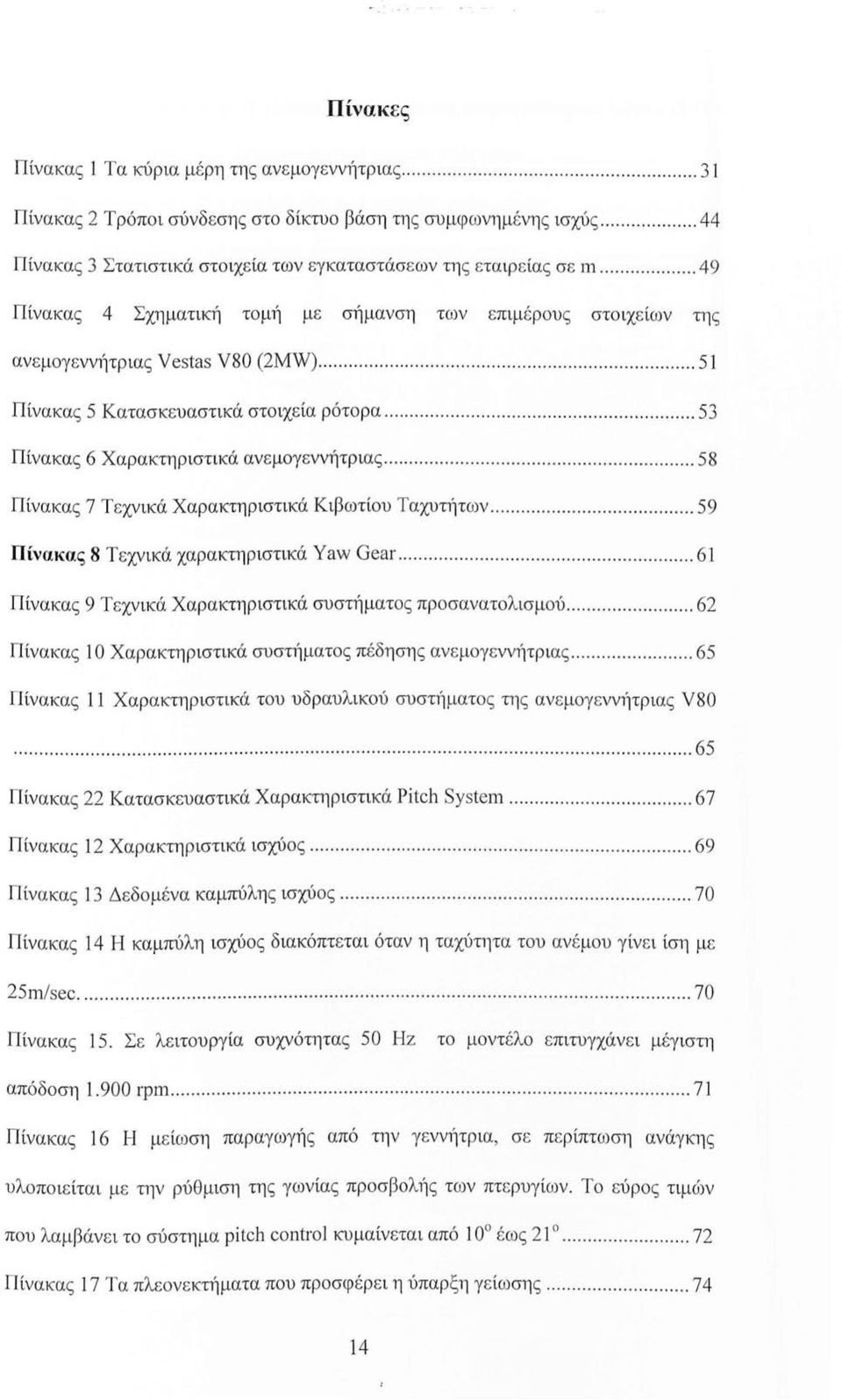 .................. 53 Πίνακας 6 Χαρακτηριστικά ανεμογεννήτριας........... 58 Πίνακας 7 Τεχνικά Χαρακτηριστικά Κιβωτίου ΤαχυηΊτων.............. 59 Πίνακας 8 Τεχνικά χαρακτηριστικά Yaw GeaΓ.