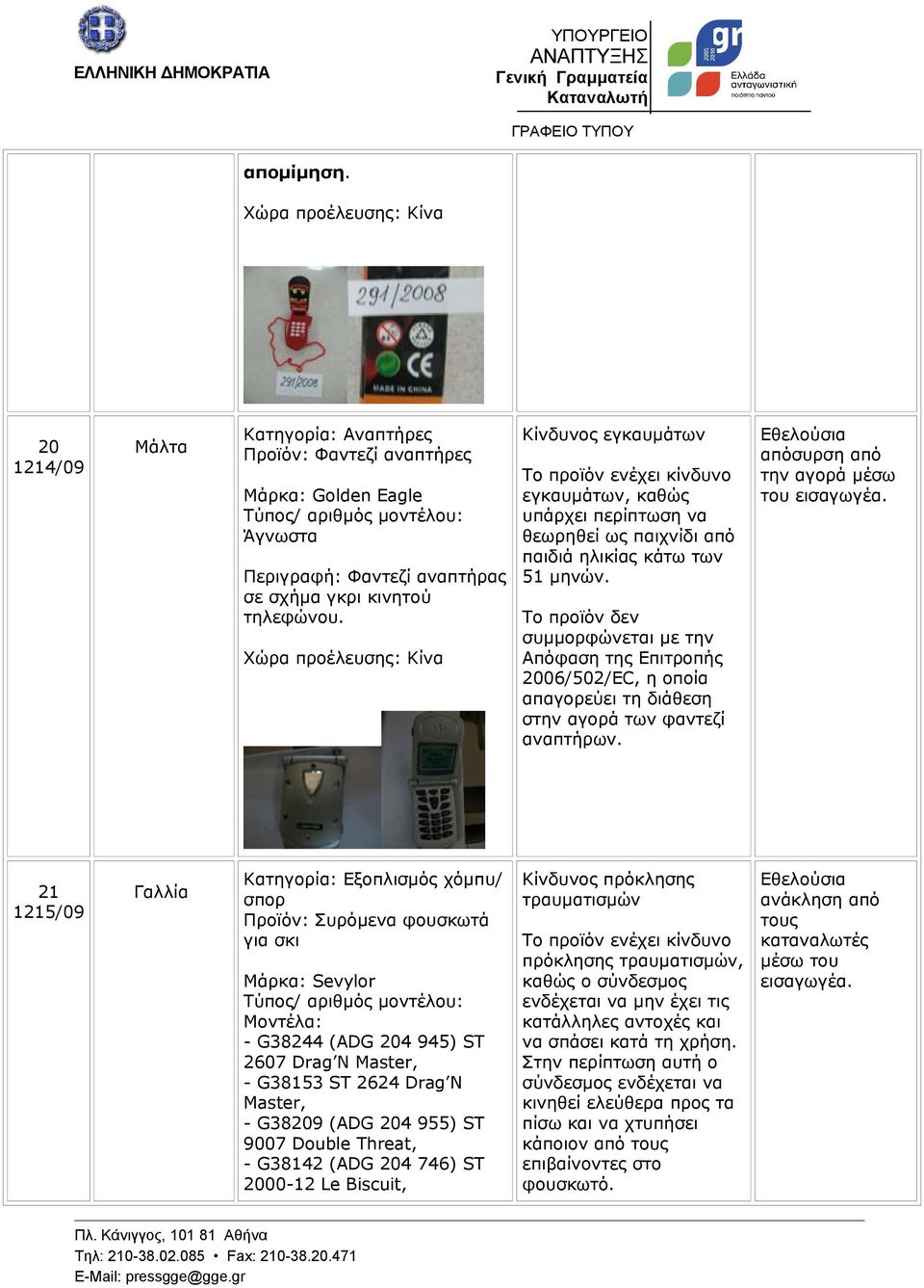 Το προϊόν δεν συμμορφώνεται με την Απόφαση της Επιτροπής 2006/502/EC, η οποία απαγορεύει τη διάθεση στην αγορά των φαντεζί αναπτήρων. Εθελούσια απόσυρση από την αγορά μέσω του εισαγωγέα.