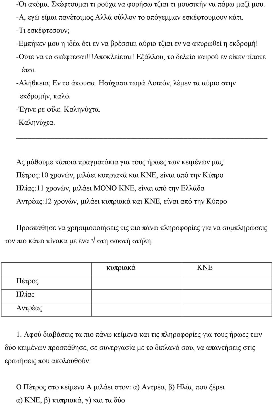 -Αλήθκεια; Εν το άκουσα. Ησύχασα τωρά.λοιπόν, λέμεν τα αύριο στην εκδρομήν, καλό. -Έγινε ρε φίλε. Καληνύχτα. -Καληνύχτα.