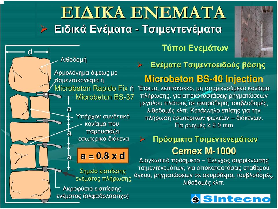 8 x d Σηµείο εισπίεσης ενέµατος πλήρωσης Ακροφύσιο εισπίεσης ενέµατος (αλφαδολάστιχο) Τύποι Ενεµάτων Ενέµατα Τσιµεντοειδούς βάσης Microbeton BS-40 Injection Έτοιµο, λεπτόκοκκο, µη συρρικνούµενο