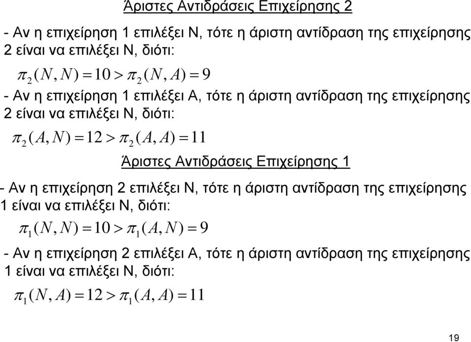 Άριστες Αντιδράσεις Επιχείρησης 1 - Αν η επιχείρηση 2 επιλέξει Ν, τότε η άριστη αντίδραση της επιχείρησης 1 είναι να επιλέξει Ν, διότι: π ( N, N) = 10 > π