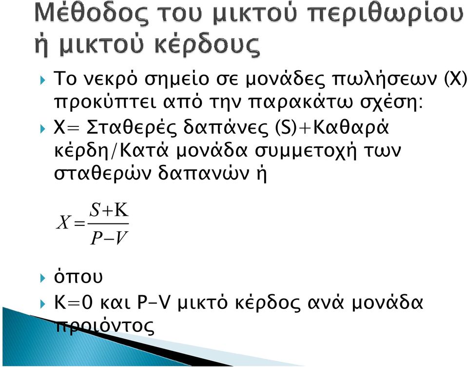 κέρδη/κατά μονάδα συμμετοχή των σταθερών δαπανών ή X =