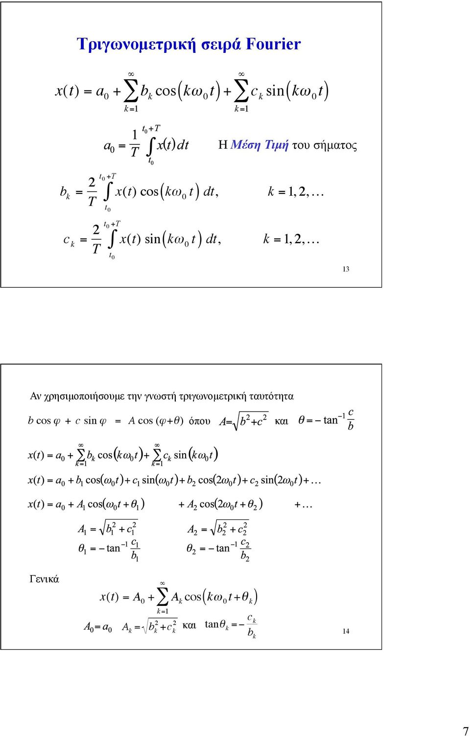 dt, k =1, 2, t 0 13 Αν χρησιµοποιήσουµε την γνωστή τριγωνοµετρική ταυτότητα b cos ϕ + c sin ϕ = A cos