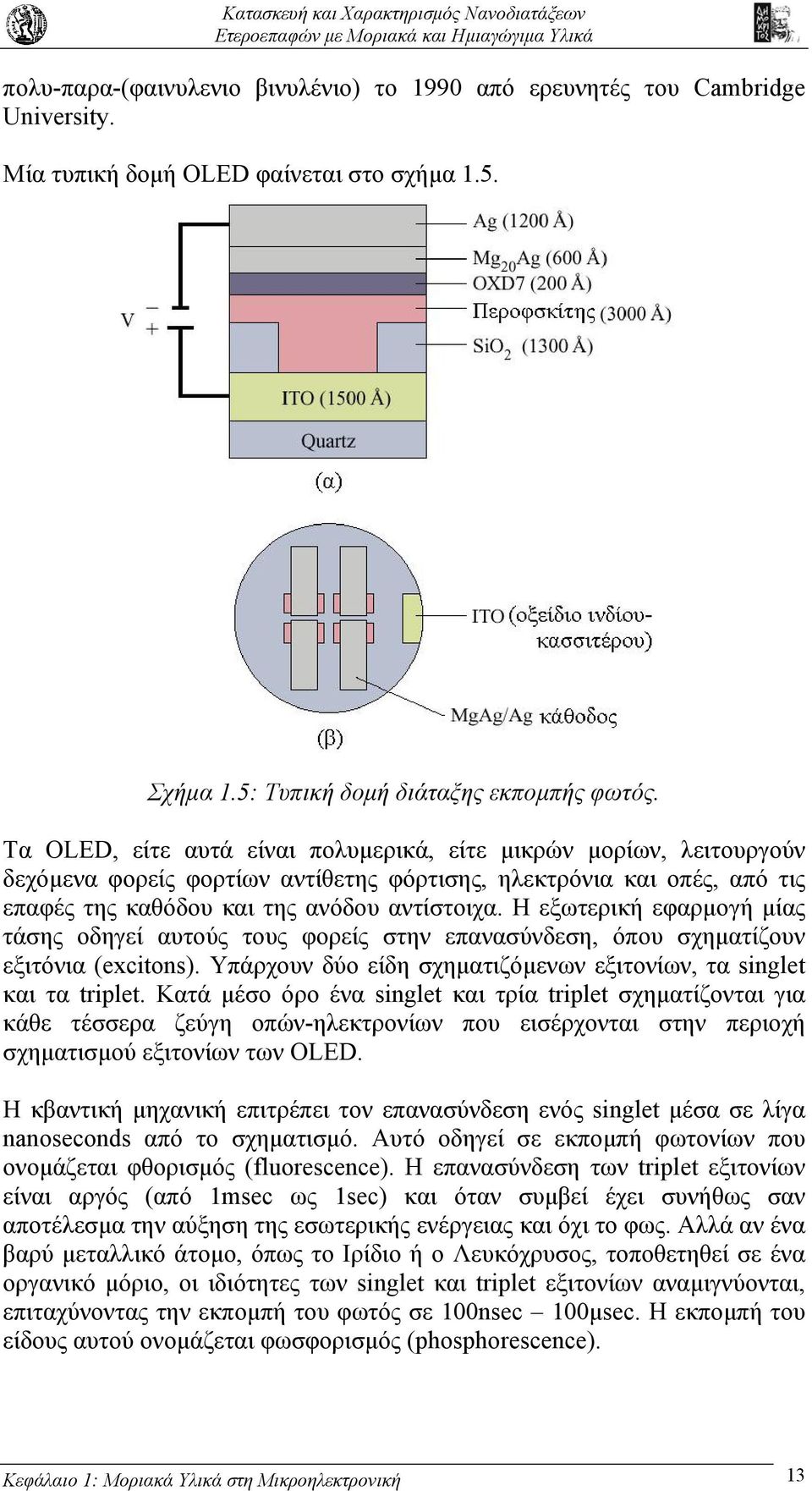 Η εξωτερική εφαρµογή µίας τάσης οδηγεί αυτούς τους φορείς στην επανασύνδεση, όπου σχηµατίζουν εξιτόνια (excitons). Υπάρχουν δύο είδη σχηµατιζόµενων εξιτονίων, τα singlet και τα triplet.