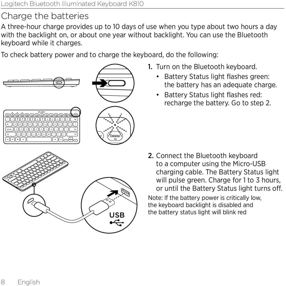 Battery Status light flashes green: the battery has an adequate charge. Battery Status light flashes red: recharge the battery. Go to step 2. USB 2.