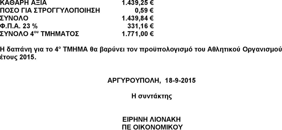 771,00 Η δαπάνη για τo 4 ο ΤΜΗΜΑ θα βαρύνει τον προϋπολογισμό του