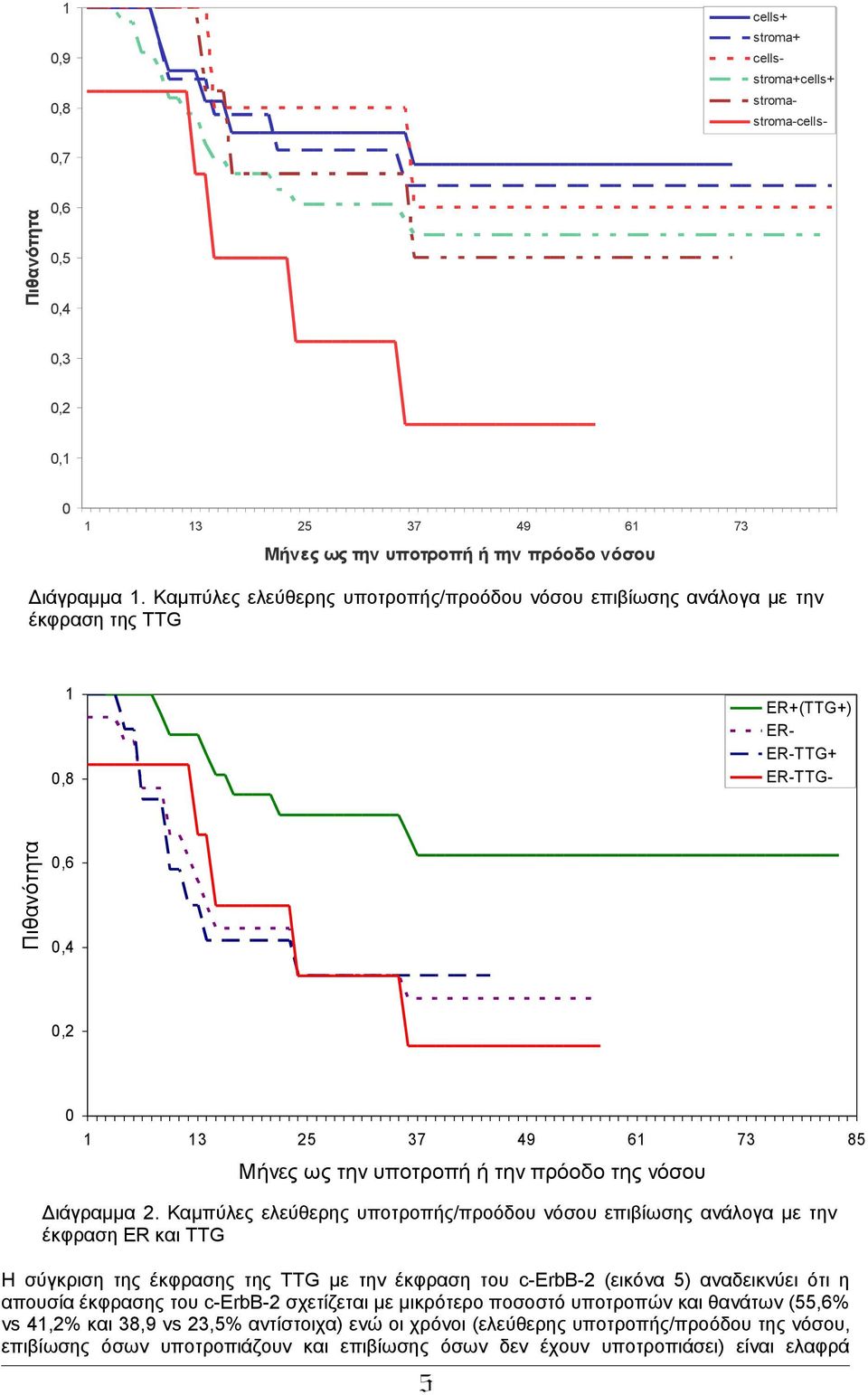 Καμπύλες ελεύθερης υποτροπής/προόδου νόσου επιβίωσης ανάλογα με την έκφραση ER και TTG Η σύγκριση της έκφρασης της TTG με την έκφραση του c-erbb-2 (εικόνα 5) αναδεικνύει ότι η απουσία έκφρασης του