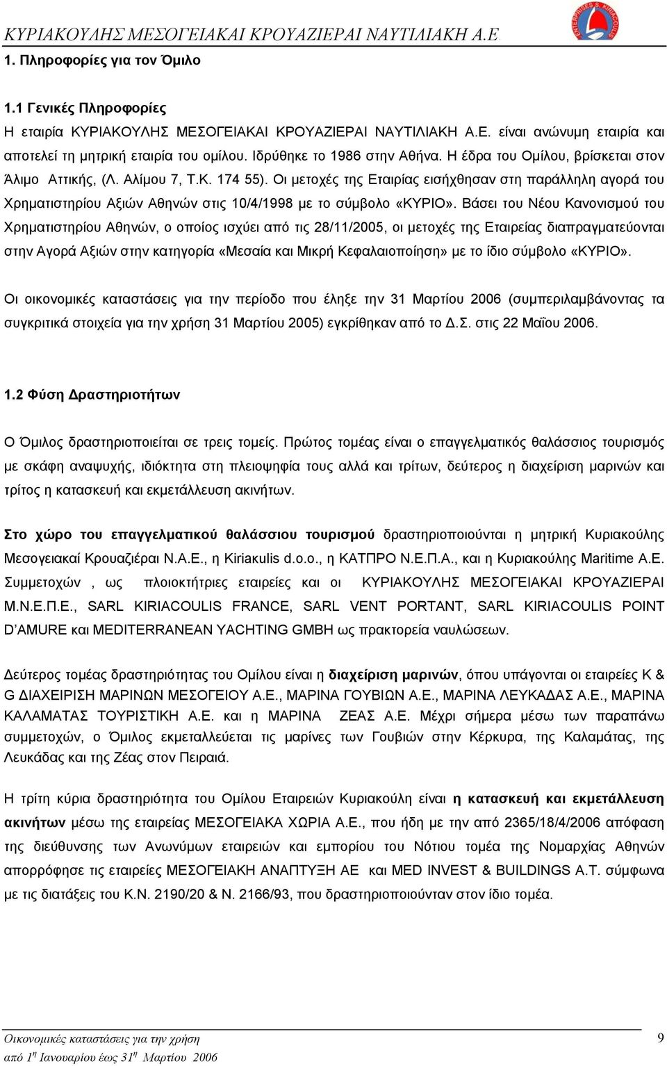 Οι μετοχές της Εταιρίας εισήχθησαν στη παράλληλη αγορά του Χρηματιστηρίου Αξιών Αθηνών στις 10/4/1998 με το σύμβολο «ΚΥΡΙΟ».