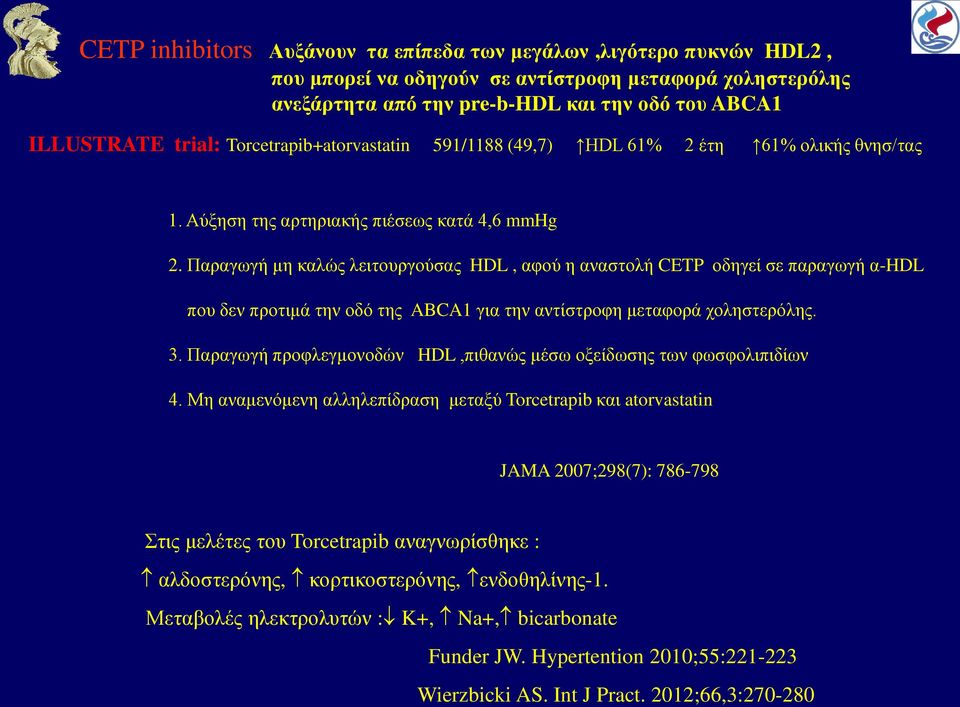 Παραγωγή μη καλώς λειτουργούσας HDL, αφού η αναστολή CETP οδηγεί σε παραγωγή α-hdl που δεν προτιμά την οδό της ABCA1 για την αντίστροφη μεταφορά χοληστερόλης. 3.