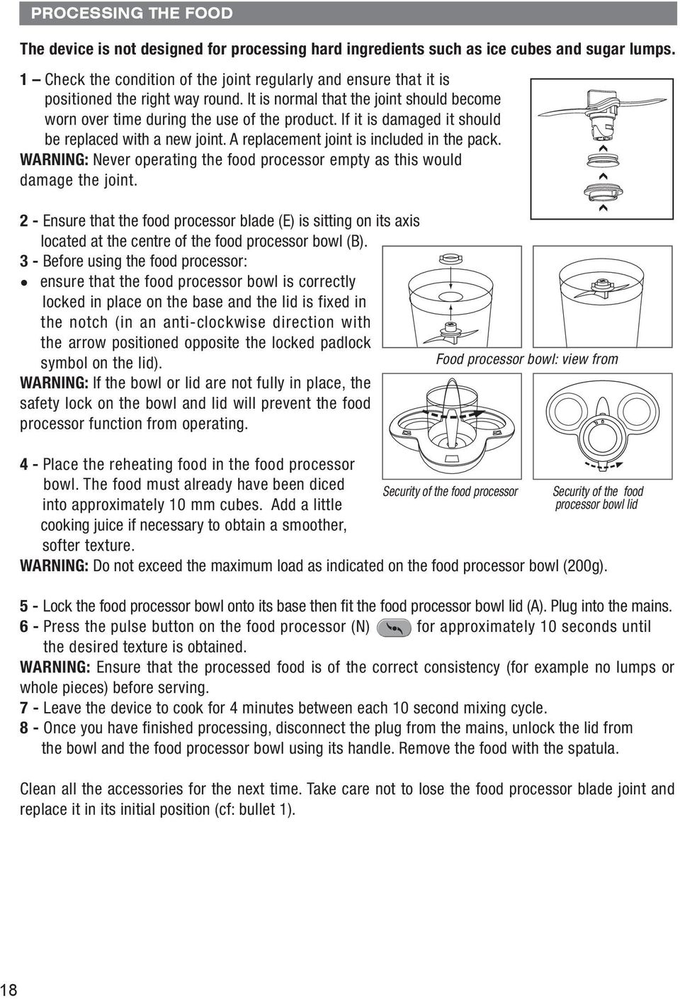 If it is damaged it should be replaced with a new joint. A replacement joint is included in the pack. WARNING: Never operating the food processor empty as this would damage the joint.