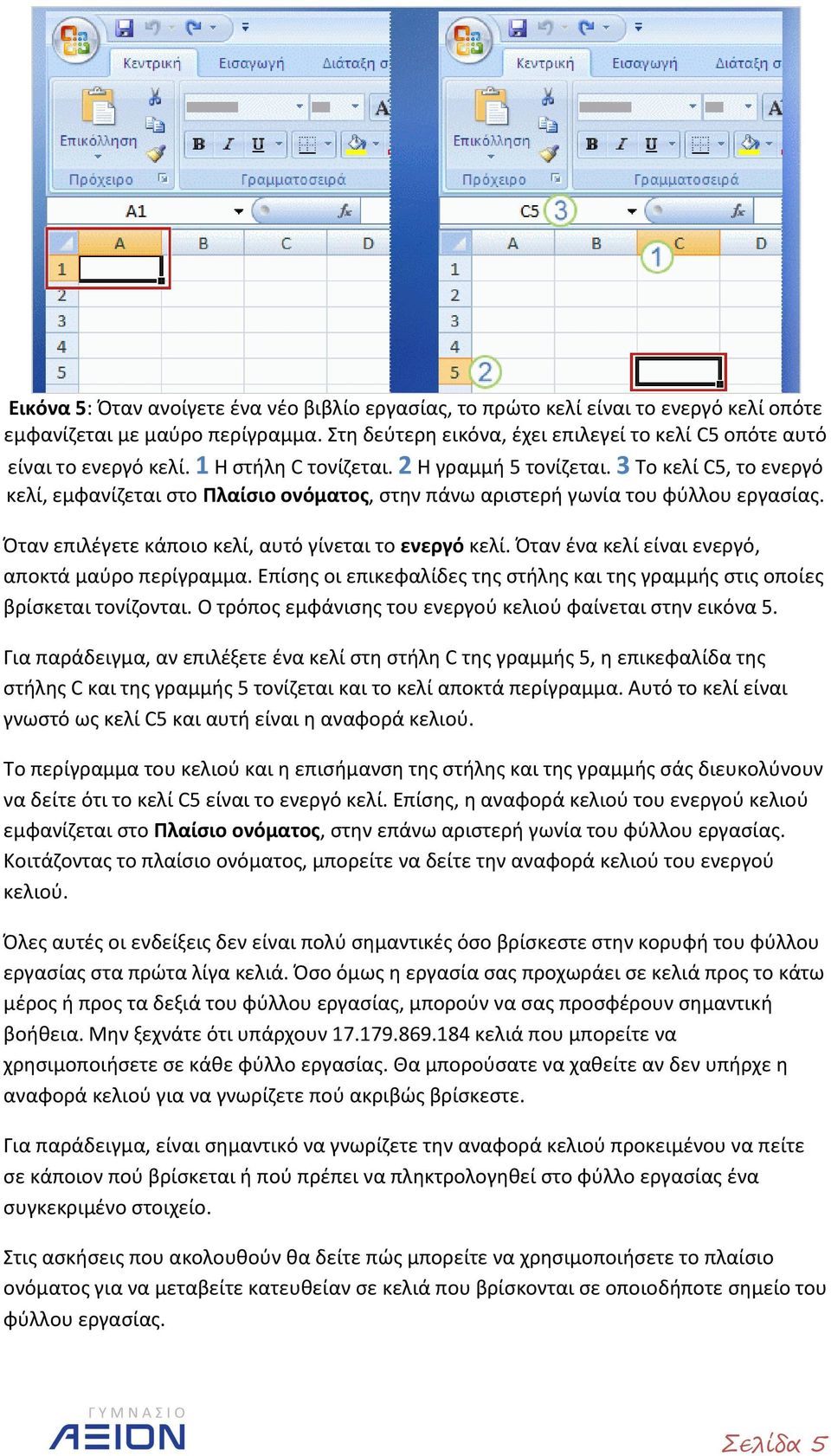 Όταν επιλέγετε κάποιο κελί, αυτό γίνεται το ενεργό κελί. Όταν ένα κελί είναι ενεργό, αποκτά μαύρο περίγραμμα. Επίσης οι επικεφαλίδες της στήλης και της γραμμής στις οποίες βρίσκεται τονίζονται.