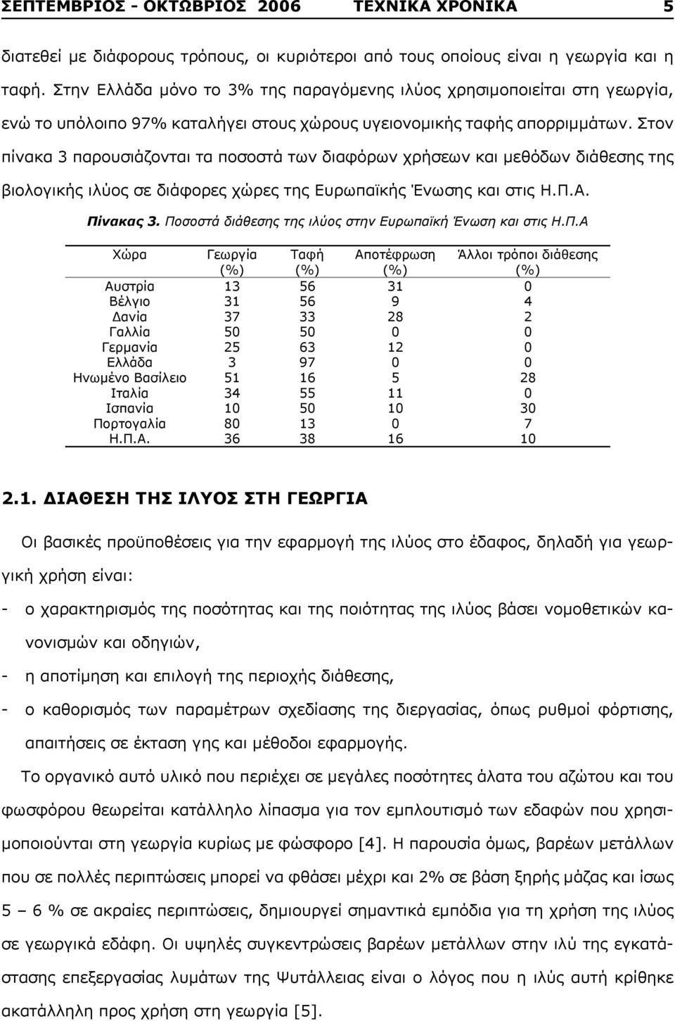Στον πίνακα 3 παρουσιάζονται τα ποσοστά των διαφόρων χρήσεων και μεθόδων διάθεσης της βιολογικής ιλύος σε διάφορες χώρες της Ευρωπαϊκής Ένωσης και στις Η.Π.Α. Πίνακας 3.