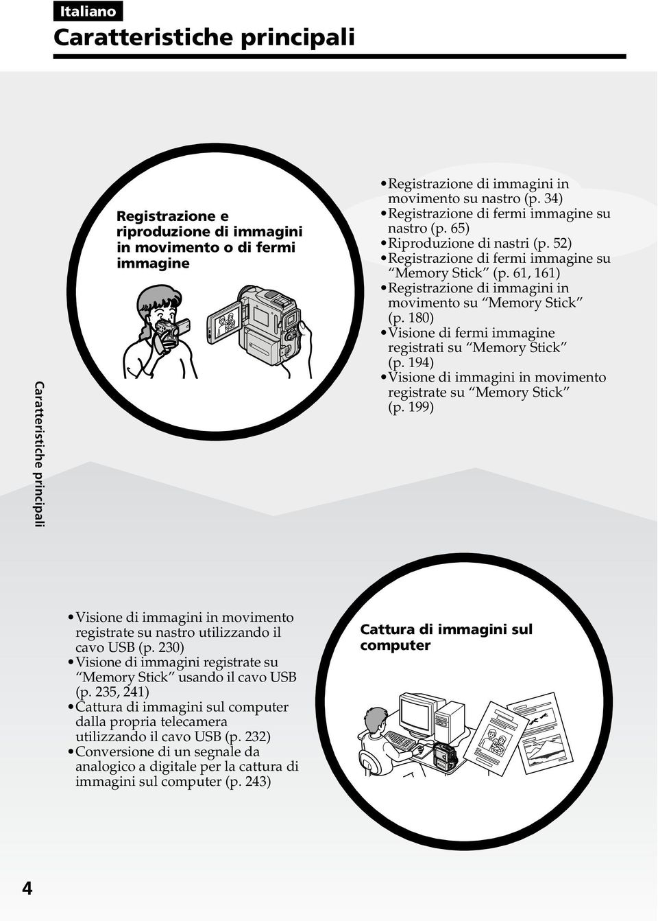 61, 161) Registrazione di immagini in movimento su Memory Stick (p. 180) Visione di fermi immagine registrati su Memory Stick (p. 194) Visione di immagini in movimento registrate su Memory Stick (p.