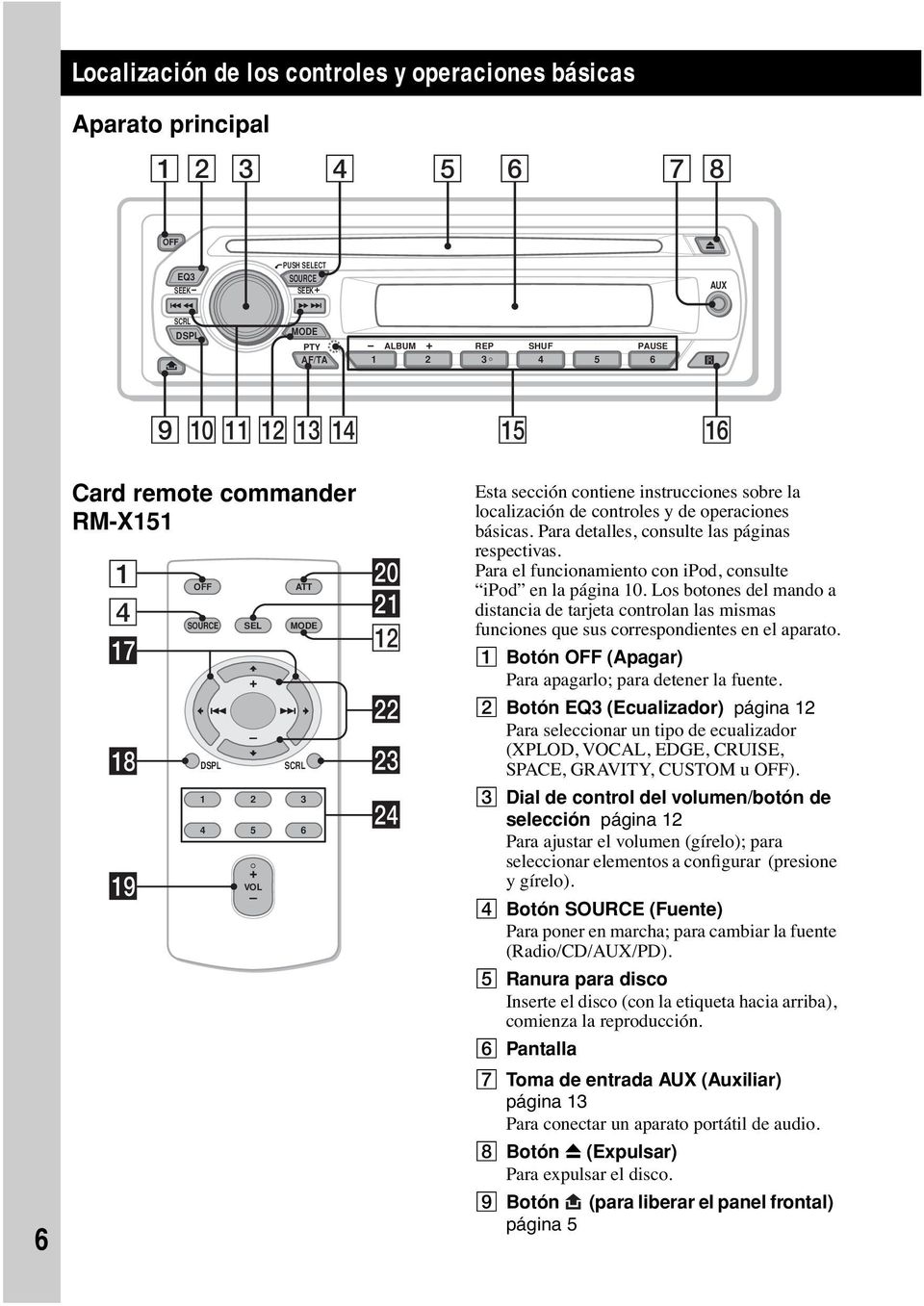 de operaciones básicas. Para detalles, consulte las páginas respectivas. Para el funcionamiento con ipod, consulte ipod en la página 10.