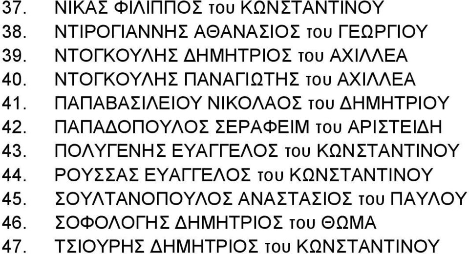 ΠΑΠΑΒΑΣΙΛΕΙΟΥ ΝΙΚΟΛΑΟΣ του ΔΗΜΗΤΡΙΟΥ 42. ΠΑΠΑΔΟΠΟΥΛΟΣ ΣΕΡΑΦΕΙΜ του ΑΡΙΣΤΕΙΔΗ 43.