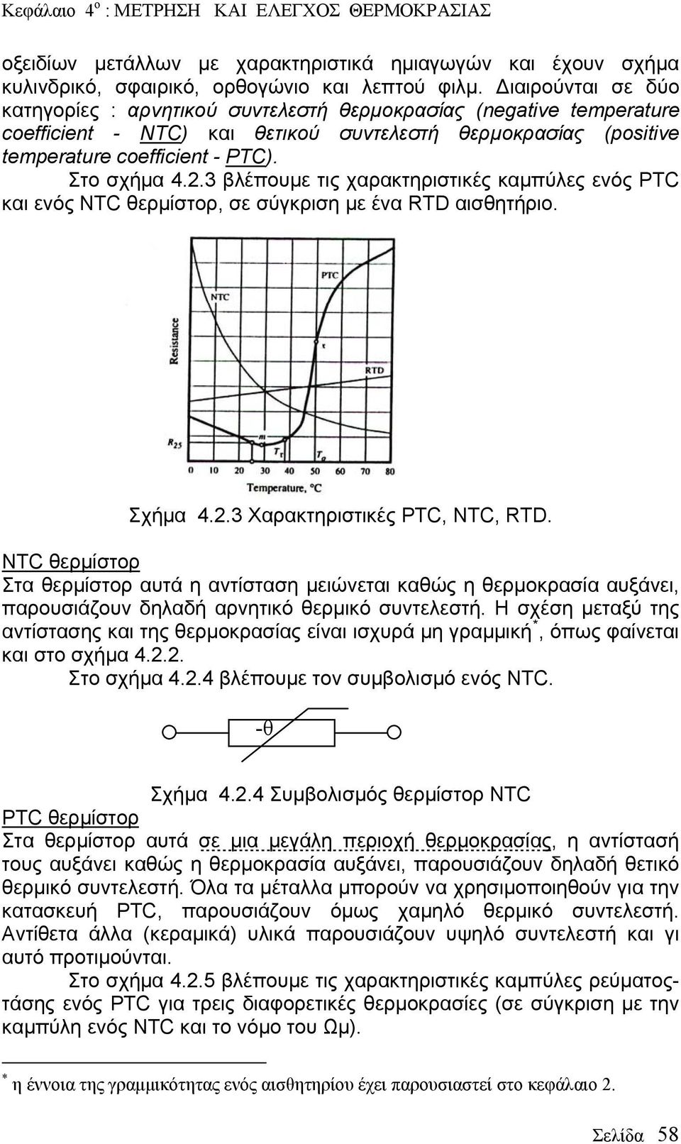 3 βλέπουμε τις χαρακτηριστικές καμπύλες ενός PTC και ενός NTC θερμίστορ, σε σύγκριση με ένα RTD αισθητήριο. Σχήμα 4.2.3 Xαρακτηριστικές PTC, NTC, RTD.