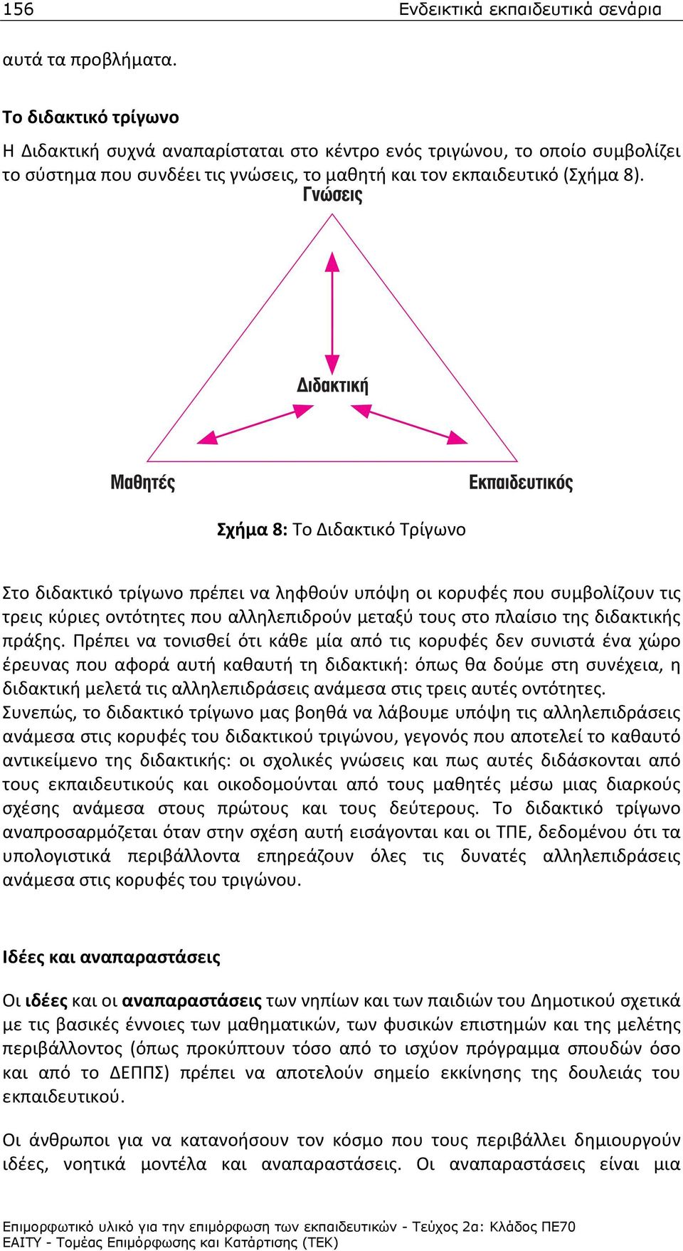 Σχήμα 8: Το Διδακτικό Τρίγωνο Στο διδακτικό τρίγωνο πρέπει να ληφθούν υπόψη οι κορυφές που συμβολίζουν τις τρεις κύριες οντότητες που αλληλεπιδρούν μεταξύ τους στο πλαίσιο της διδακτικής πράξης.