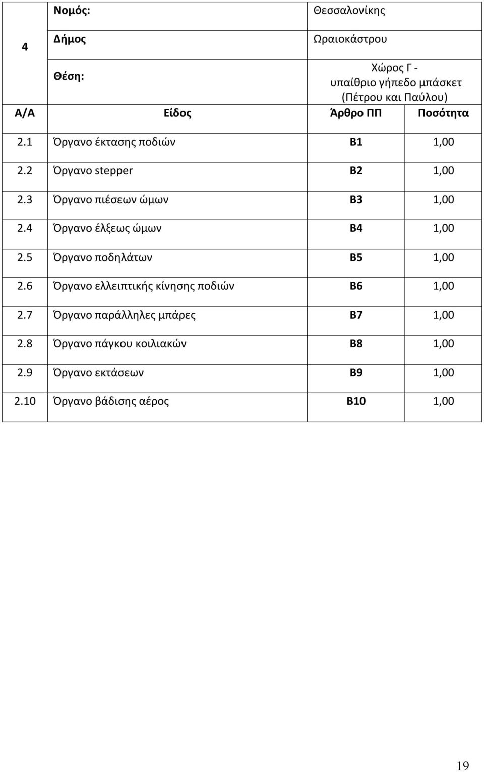 4 Όργανο έλξεως ώμων Β4 1,00 2.5 Όργανο ποδηλάτων Β5 1,00 2.6 Όργανο ελλειπτικής κίνησης ποδιών Β6 1,00 2.