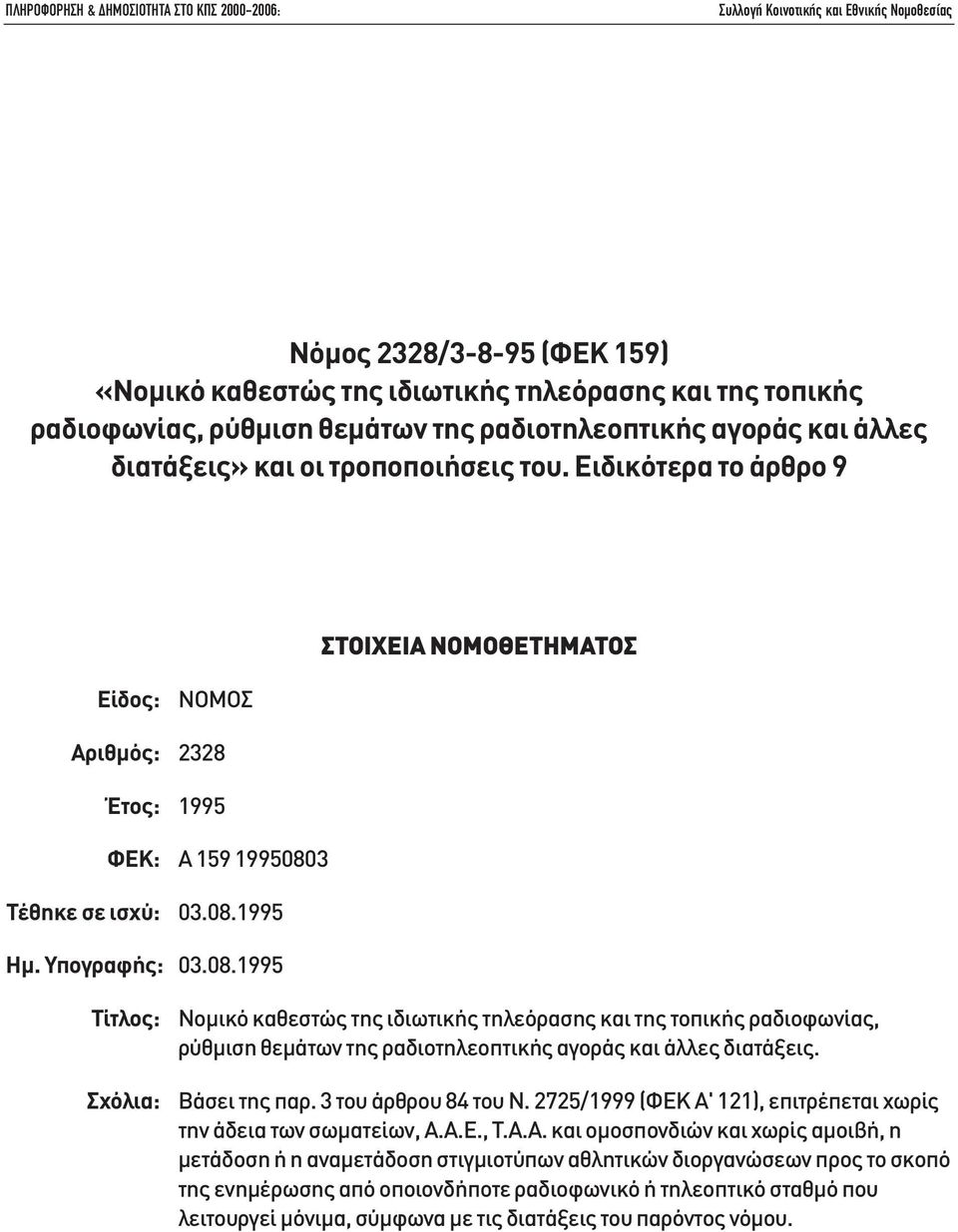 3 Τέθηκε σε ισχύ: 03.08.1995 Ηµ. Υπογραφής: 03.08.1995 Τίτλος: Σχόλια: Νοµικό καθεστώς της ιδιωτικής τηλεόρασης και της τοπικής ραδιοφωνίας, ρύθµιση θεµάτων της ραδιοτηλεοπτικής αγοράς και άλλες διατάξεις.